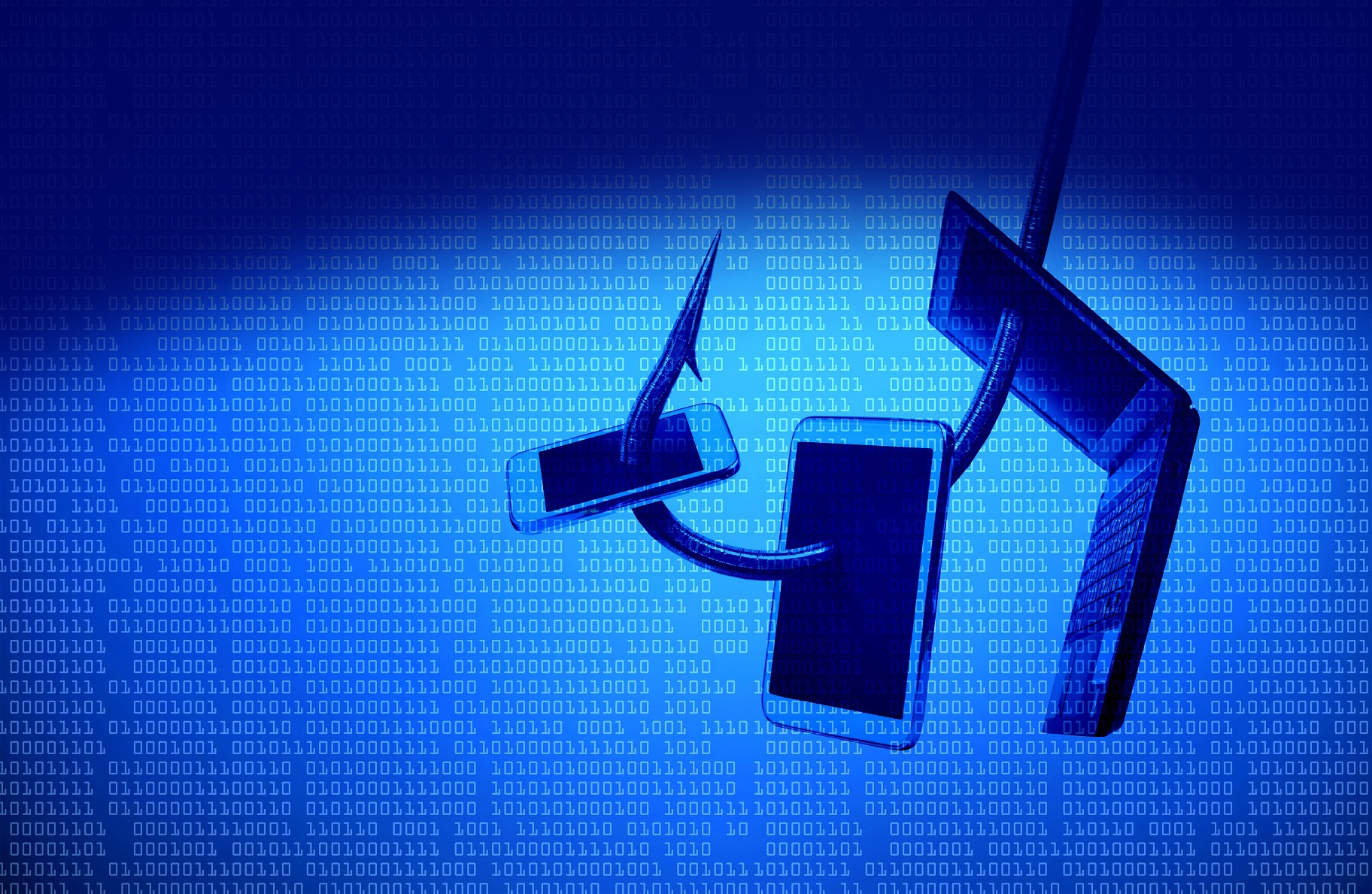 A fish hook protruding through a laptop, tablet, and cell phone