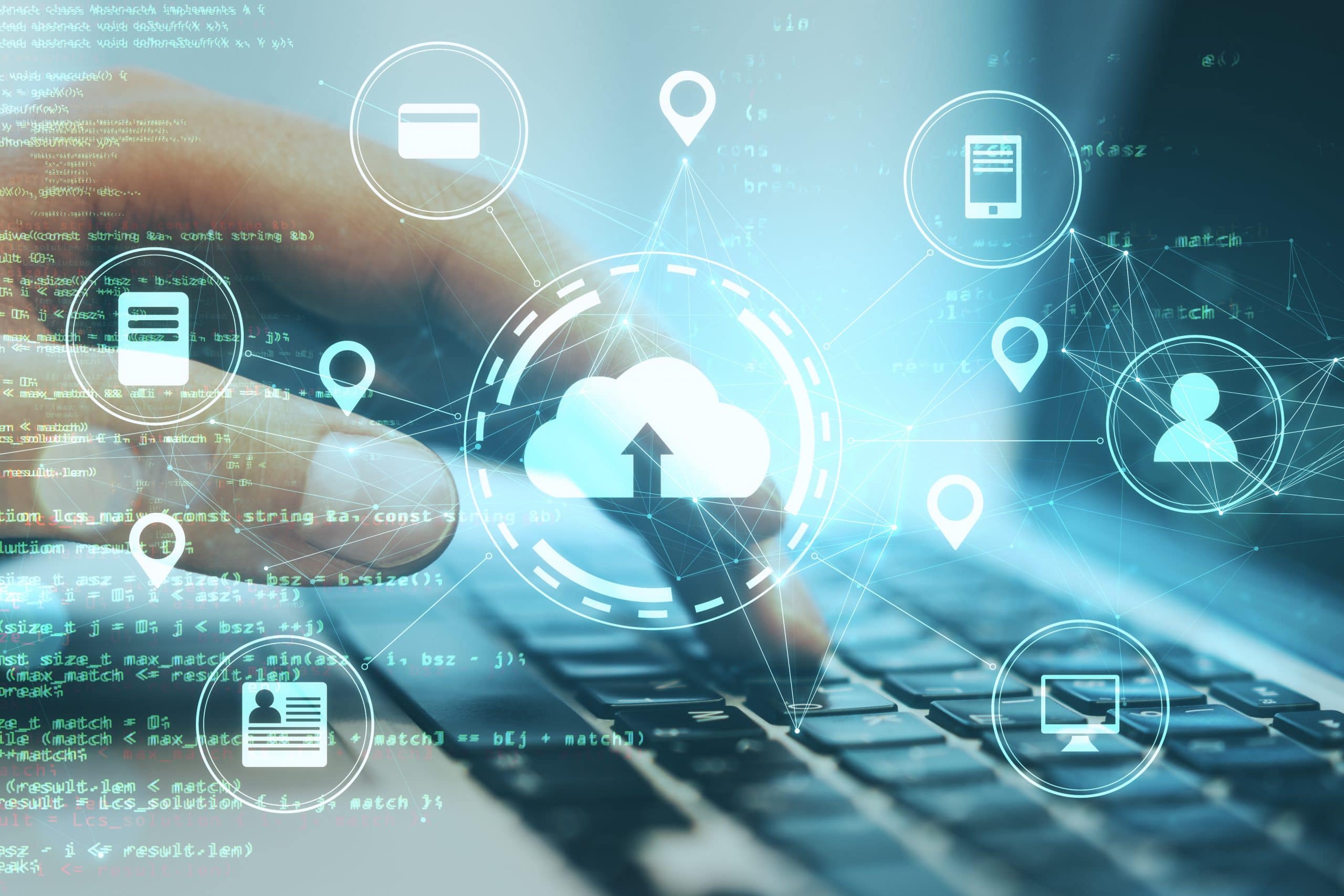 A conceptual representation of cloud computing and data management, showing a hand typing on a laptop with digital icons of a cloud, user profiles, location pins, and multimedia symbols overlaid, suggesting connectivity and networked services.