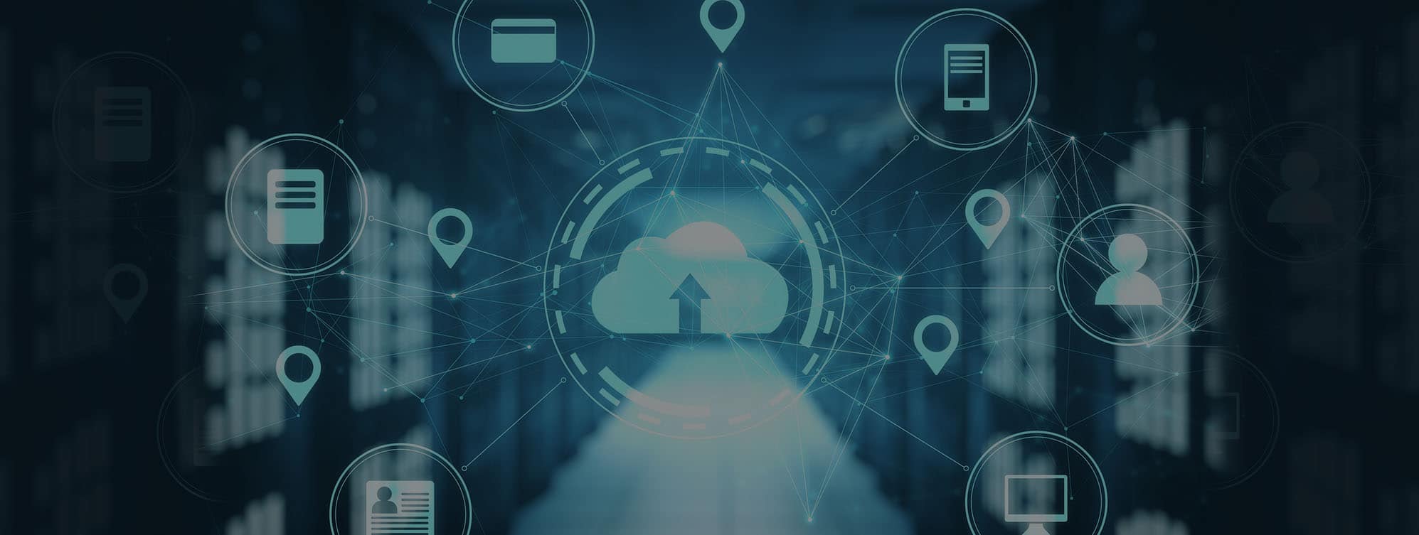 Server room with networking cloud diagram