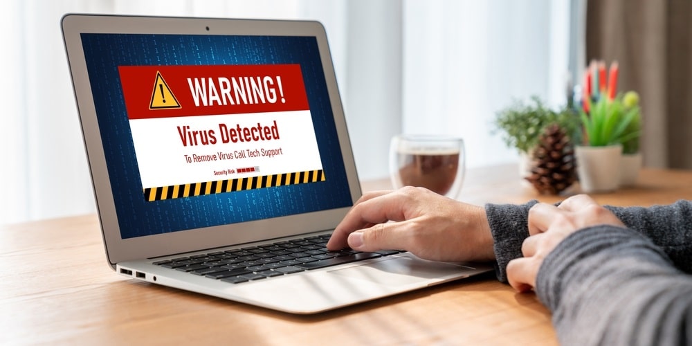 Virus warning alert on computer screen