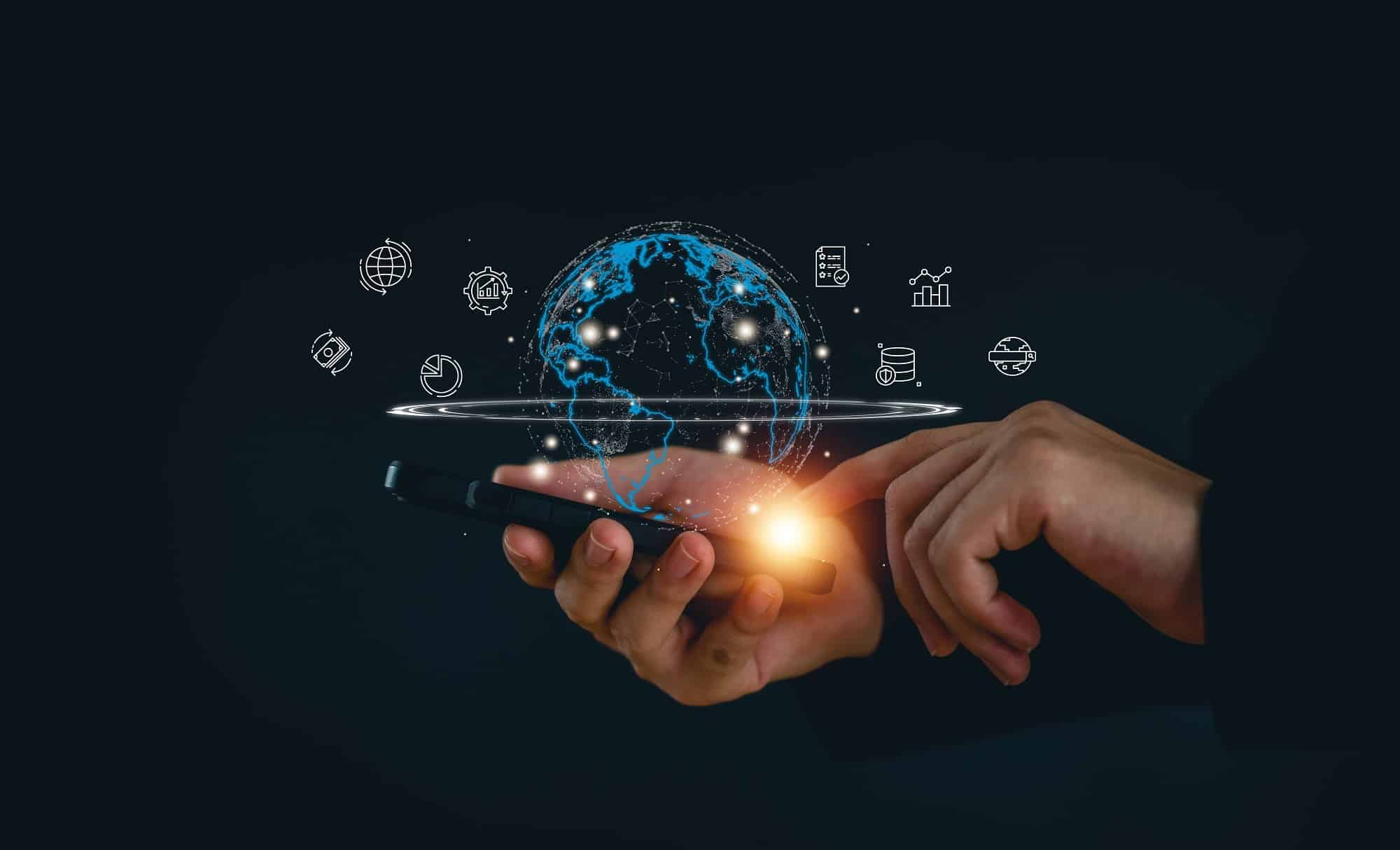 Big data and analytics visualization technology with scientist analyzing information structure