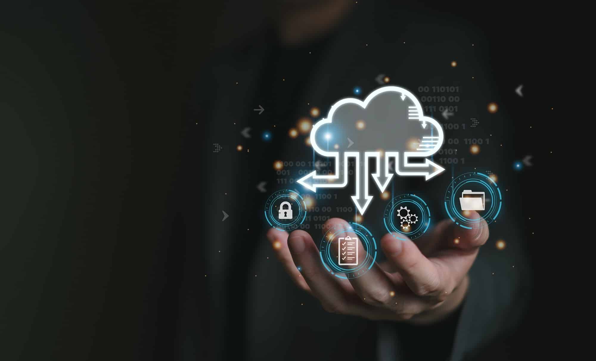 Business person migrate data and corporate information into cloud technology for data security and back up