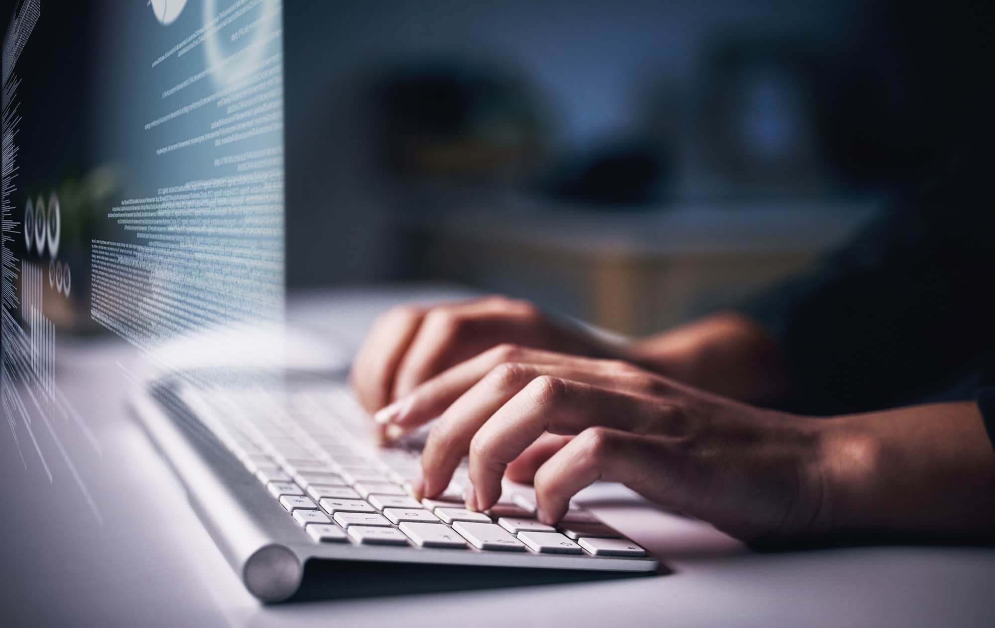 person and typing on keyboard for research