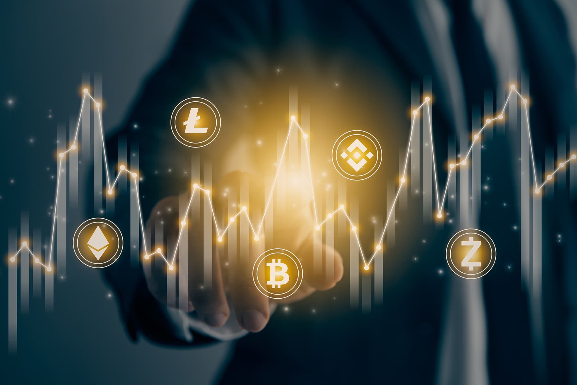 Businessman Hand and Finger Press or Touch Center Stock Graph and Cryptocurrency Icon