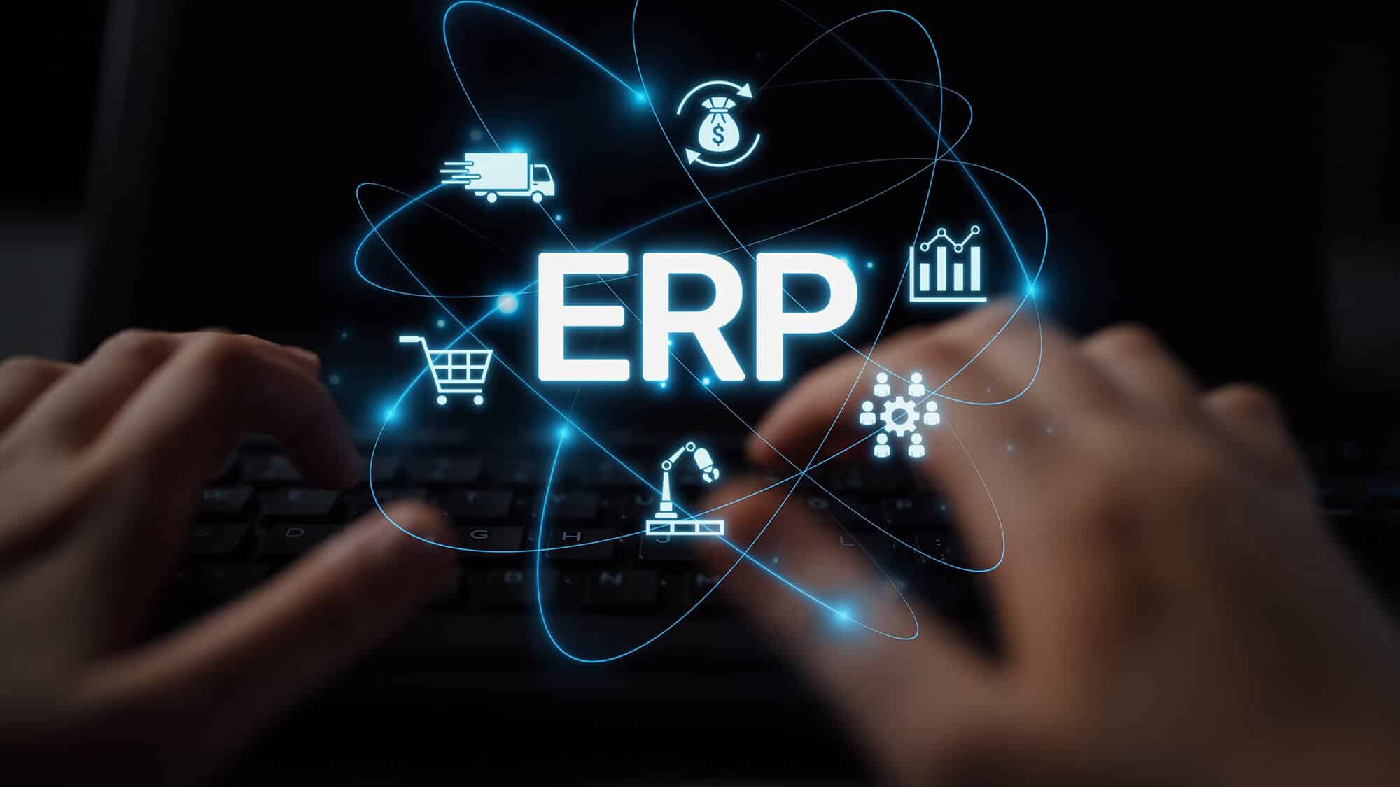 ERP platform visual showing centralized system for enterprise resource planning, improving integration, data flow, business efficiency, finance, inventory, and human resources