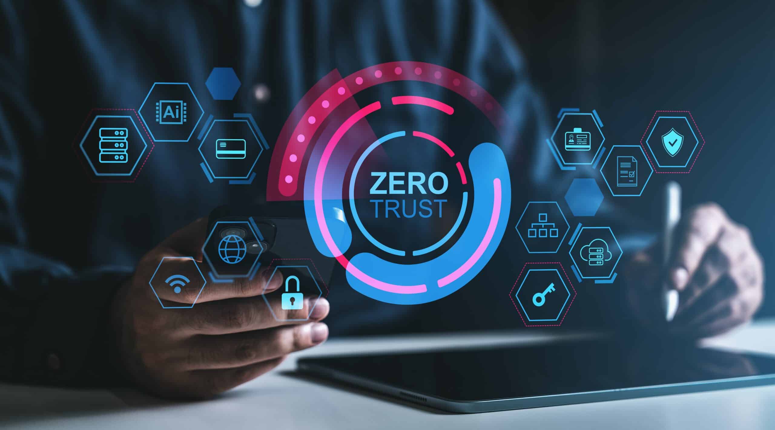 Business professional interacting with a digital hologram displaying zero trust security