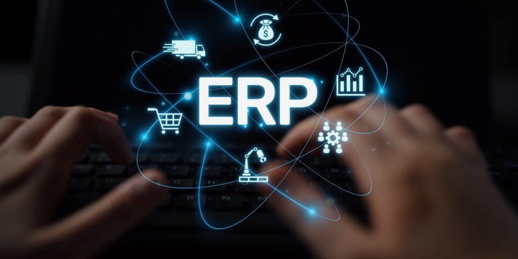 ERP platform visual showing centralized system for enterprise resource planning, improving integration, data flow, business efficiency, finance, inventory, and human resources