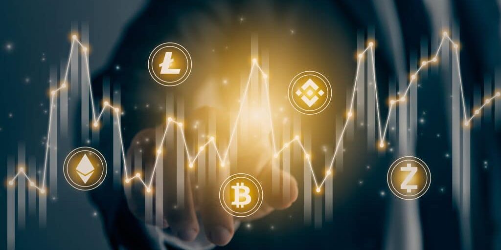 Businessman Hand and Finger Press or Touch Center Stock Graph and Cryptocurrency Icon