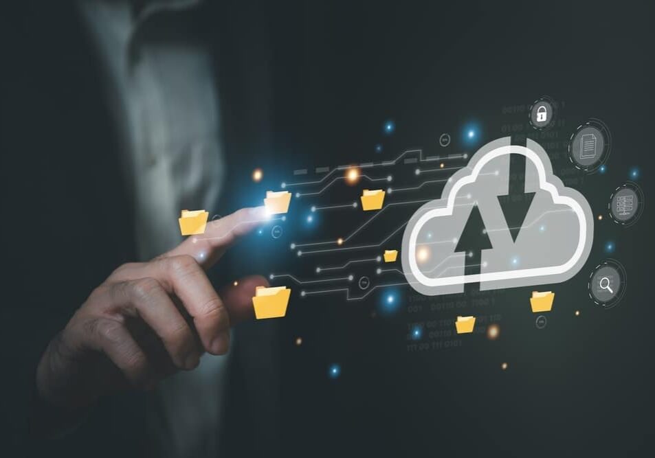 Business person migrate data and corporate information into cloud technology for data security