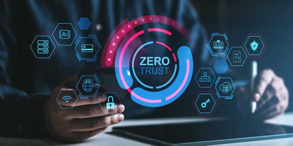Business professional interacting with a digital hologram displaying zero trust security