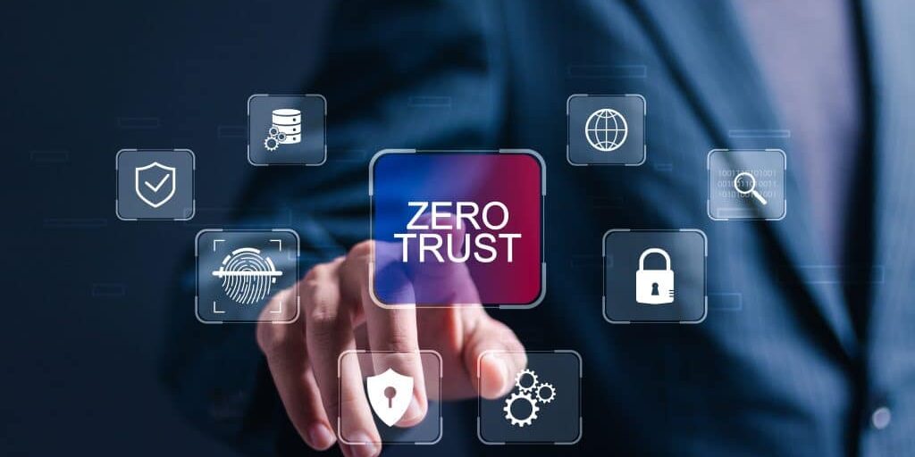 Businessman touching virtual zero trust icon for business information security network.