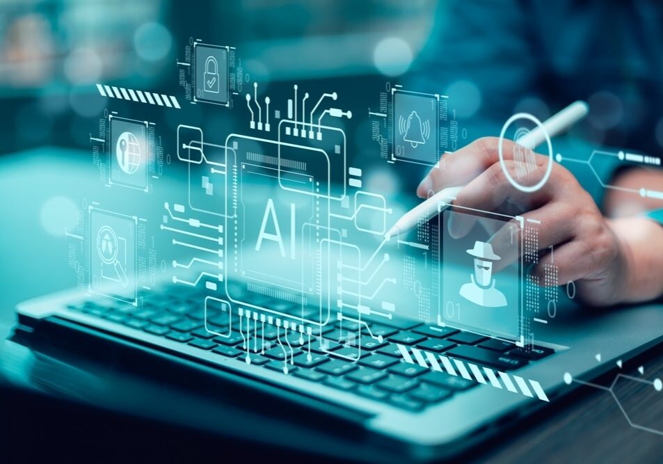Programmer people working laptops or smartphones with AI