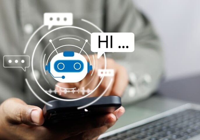 Man chatting with digital assistant chatbot on mobilephone on internet application