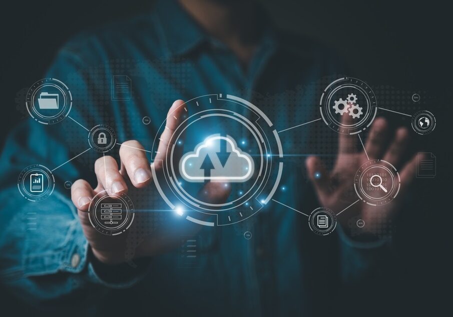 Business person migrate data and corporate information into cloud technology