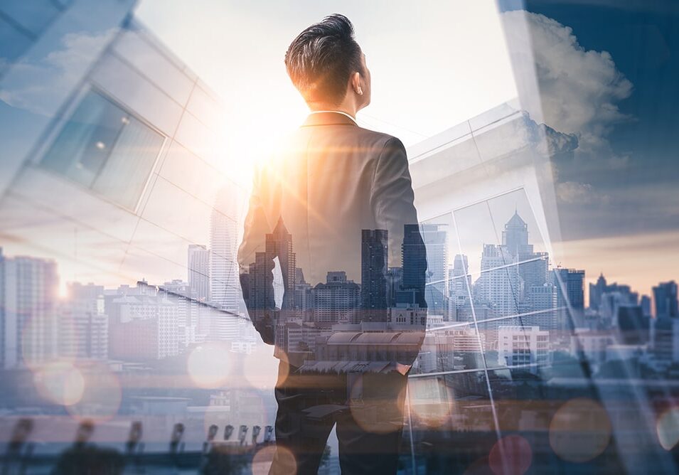 Professional Stares off with city scape showing