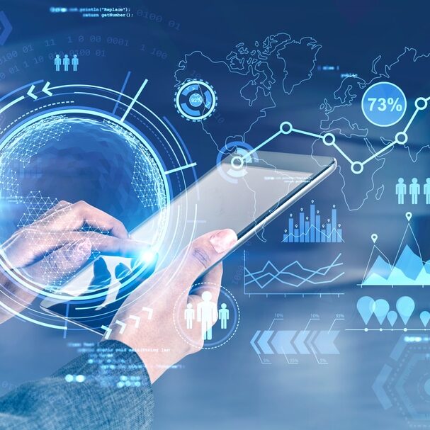 Hand of businesswoman using tablet in blurry room with double exposure of futuristic online work interface.