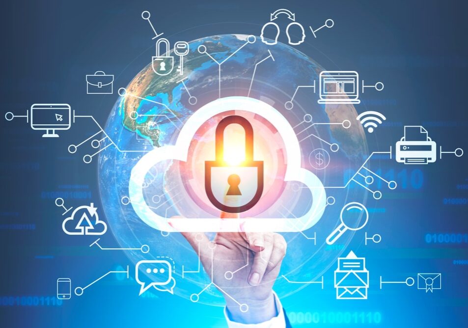 Woman,Hand,Touching,Secure,Cloud,Computing,Icon,Over,Blue,Background Woman hand touching secure cloud computing