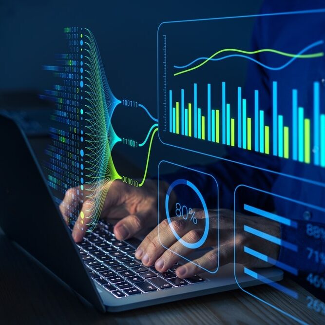 Data scientist working with complex information analysed by AI for business analytics dashboard with charts