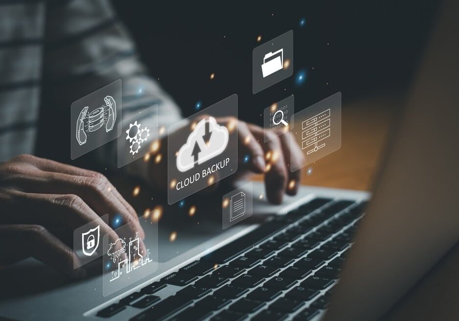 Business person migrate data and corporate information into cloud technology for data security and back up Business person migrate data and corporate information into cloud technology for data security and back up