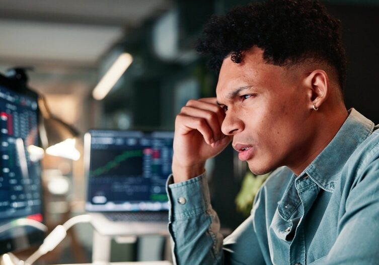 Man, trading and computer screen with stress for graphs with market crash