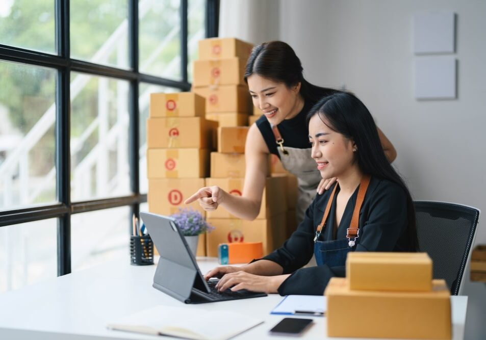 Two,Young,Women,Working,On,A,Laptop,In,A,Modern Two young women working on a laptop in a modern office