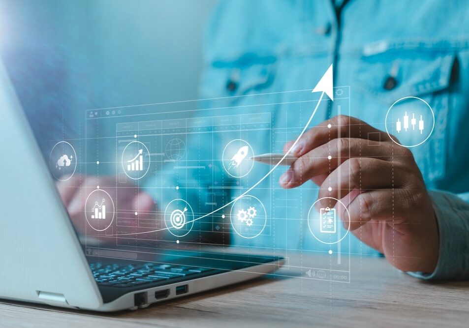 Business process management, automated workflow, gears, businessman. quality control, and long-term business assessment tracking