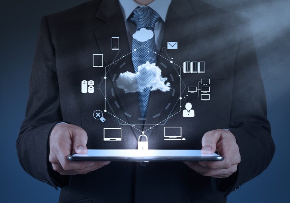 Businessman hand working with a Cloud Computing diagram