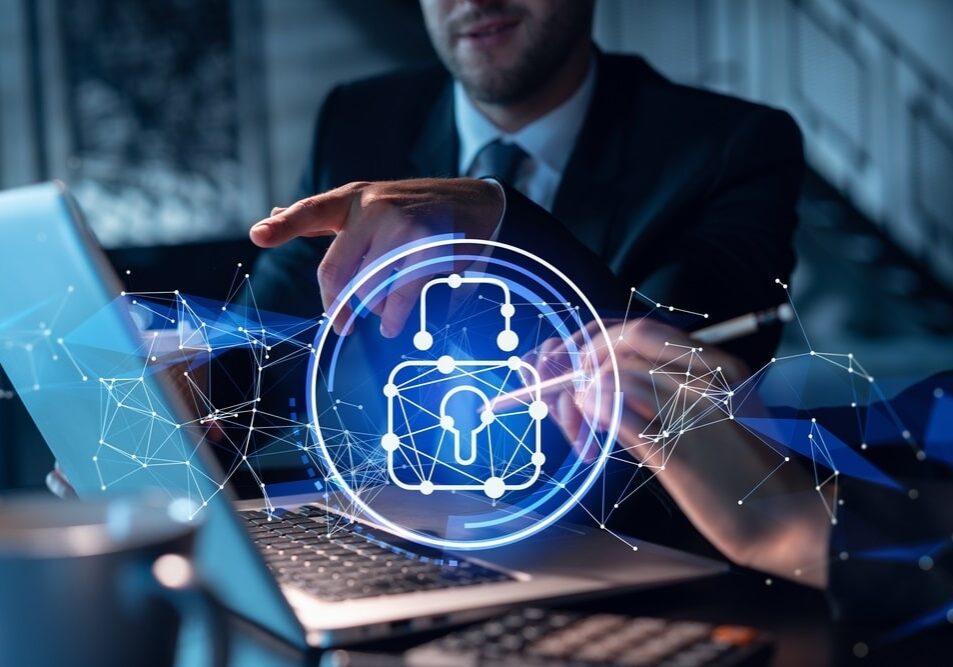 Two,Colleagues,Working,Together,To,Protect,Clients,Confidential,Information,And network scan